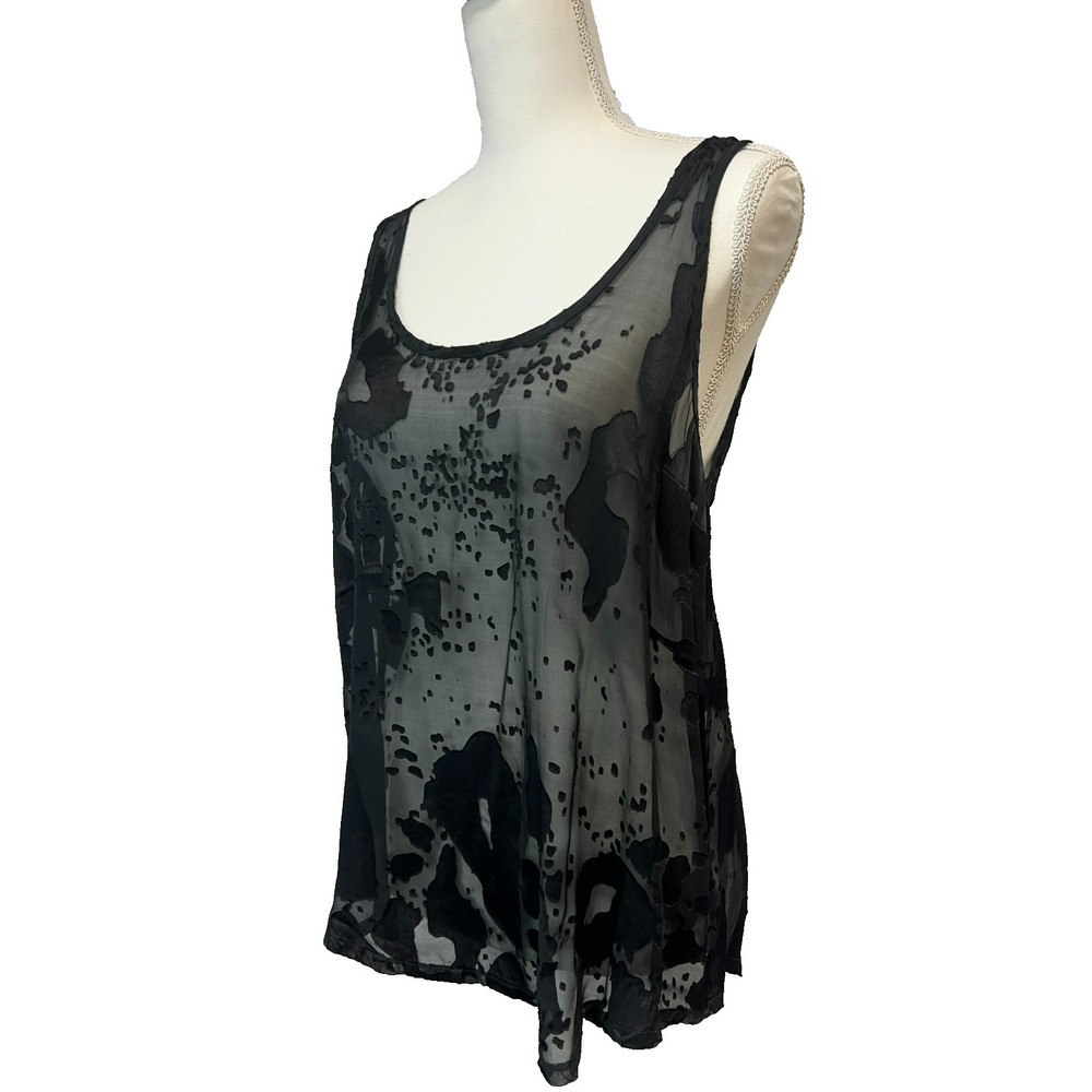 Patterson J Kincaid Cami Top Black Burnout Print‎ U-Back w/ Ribbon Strap SZ S